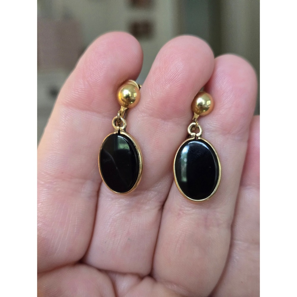 Black Onyx Gold Filled Earrings  Drop Dangle Vintage Well-Made